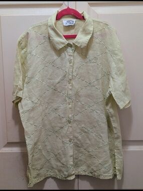Vtg Women's Le Gala Linen Button Up Blouse  Pintucking Embroidered Italy Sz M